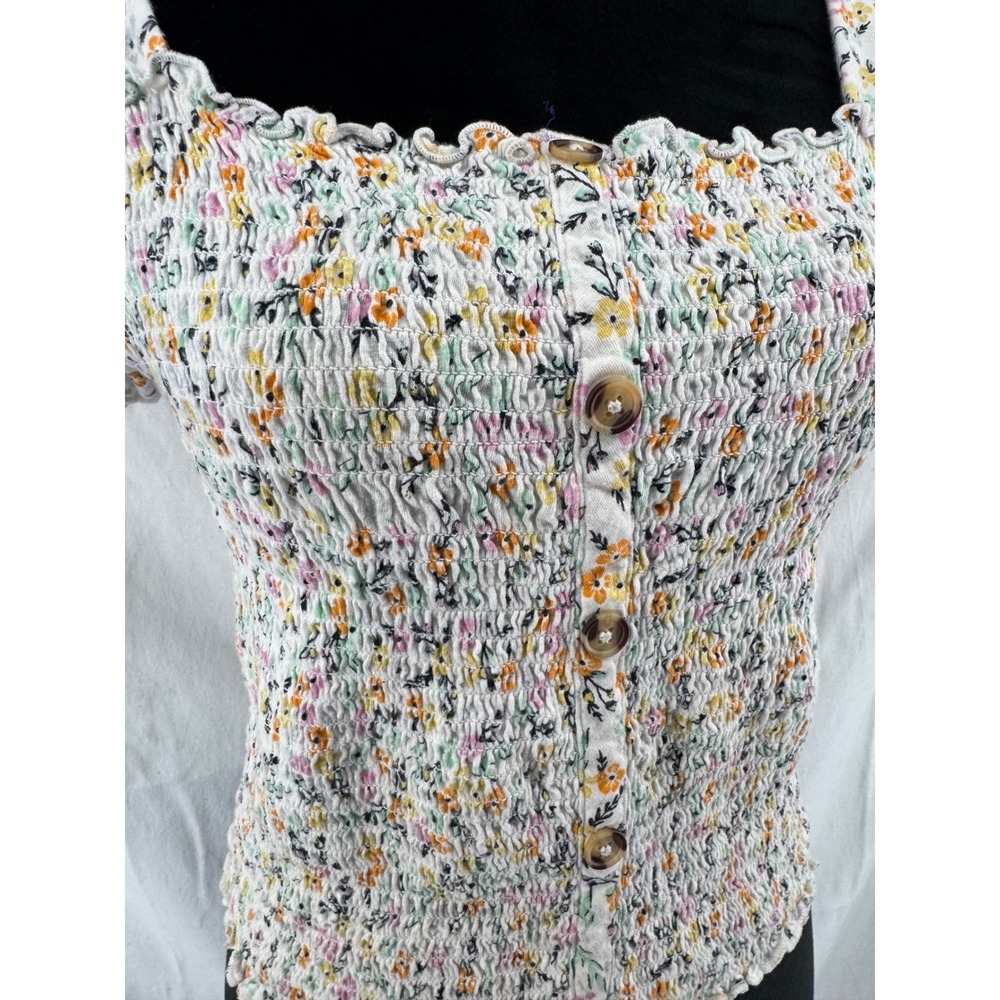Mudd Womens XL White Floral Smocked Top Short Sleeve Faux Button Square Neck - Picture 4 of 7